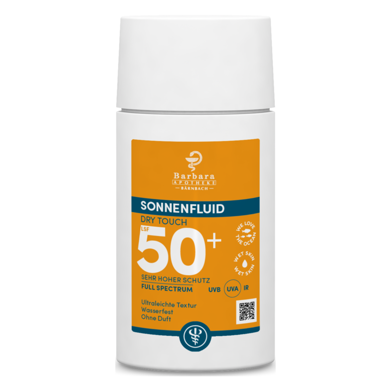 Sonnenfluid in einer weißen Flasche mit orangefarbenem Etikett, LSF 50+, wasserfest und ohne Duft.