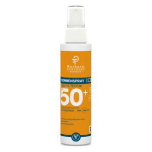 Sonnenspray für Kinder mit Lichtschutzfaktor 50+, leichte Textur, in orangener Flasche, ohne Duftstoffe.