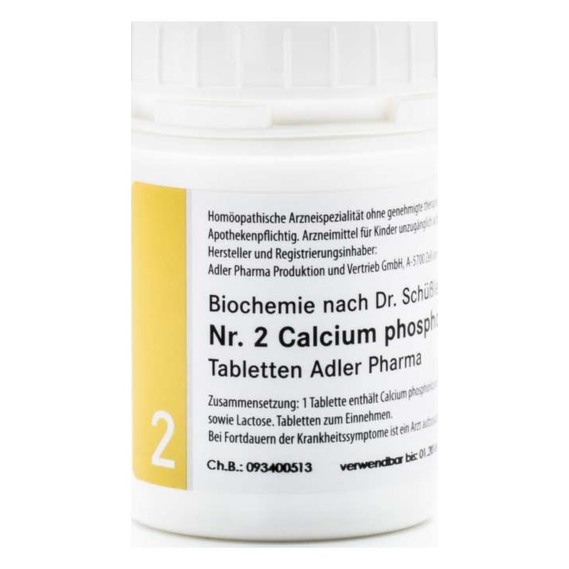 schuesslersalze_adler_nr2_2025.png Weißes Pillenfläschchen mit gelbem Deckel für homöopathische Calcium-Phosphat-Tabletten von Adler Pharma.