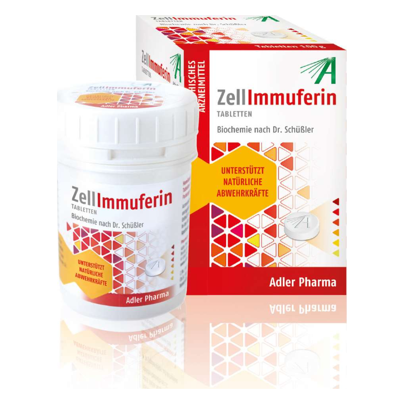 Adler-Zell-Immuferin-2025.png ZellImmuferin Tabletten in einem weißen Behälter, daneben die Verpackung mit buntem Design und dem Hinweis auf Abwehrkräfte.