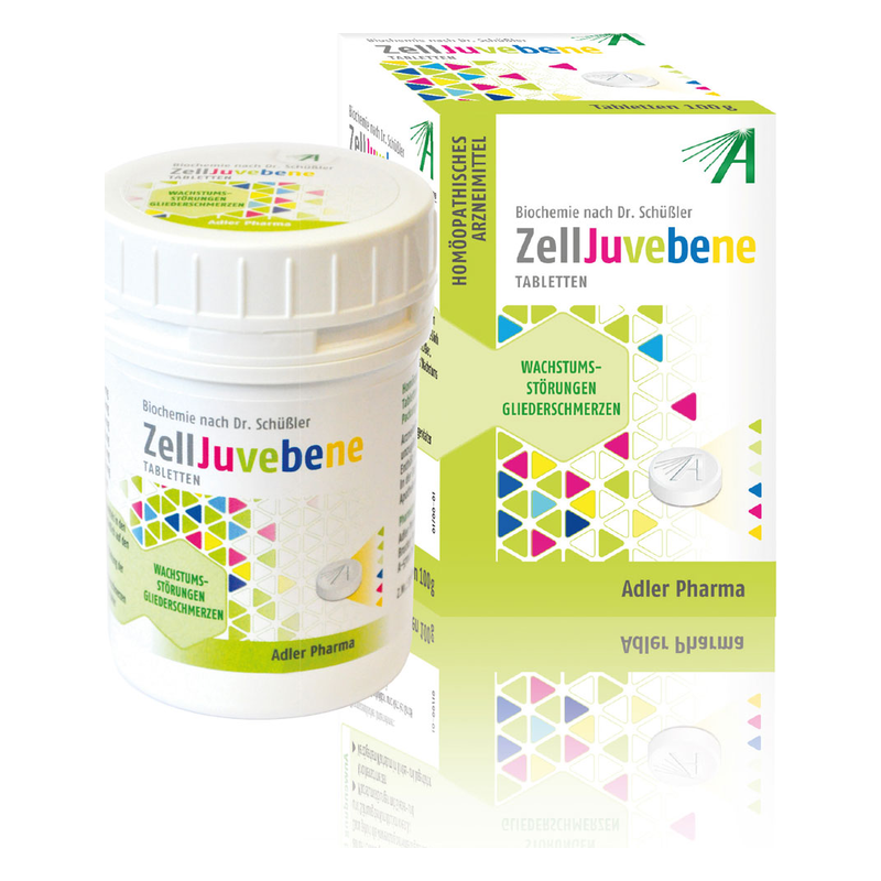 Adler_Pharma_ZellkomplexZell_Juvebene.png Weißer Behälter mit runder Kappe, beschriftet mit "ZellJuvene" und bunten geometrischen Mustern, daneben eine Verpackung.