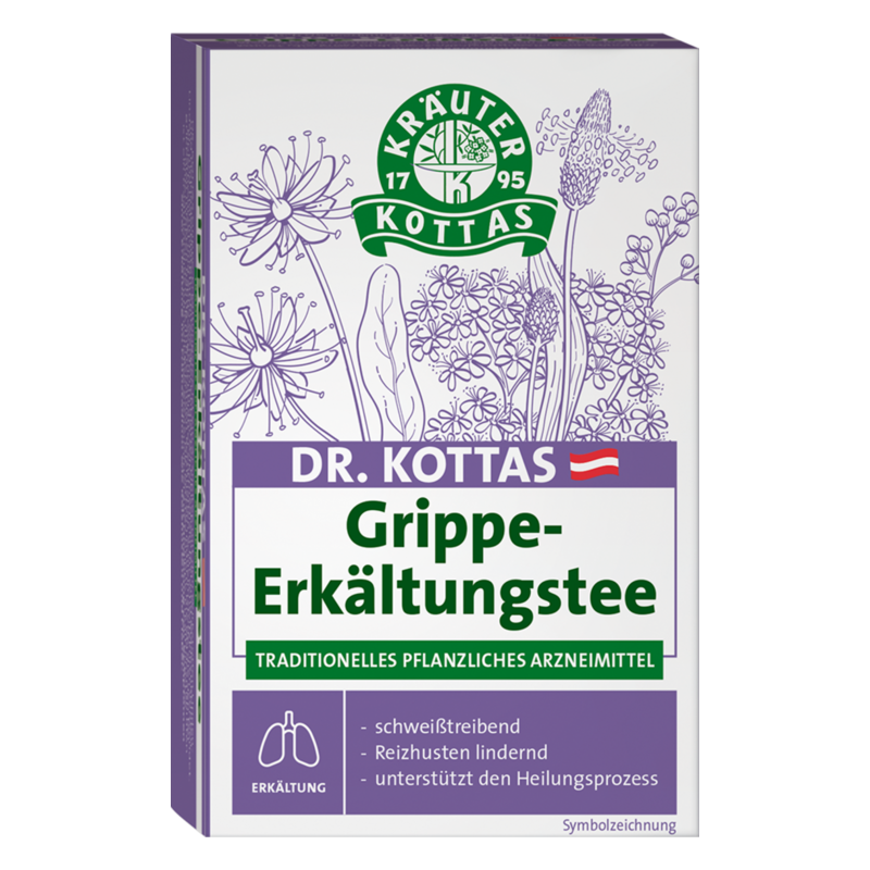 DR_KOTTAS_Grippe-Erkaeltungstee_Packshot.png Verpackung von Dr. Kottas Grippe-Erkältungstee mit grüner Schrift und pflanzlichen Motiven, betont traditionelle Heilmittel.