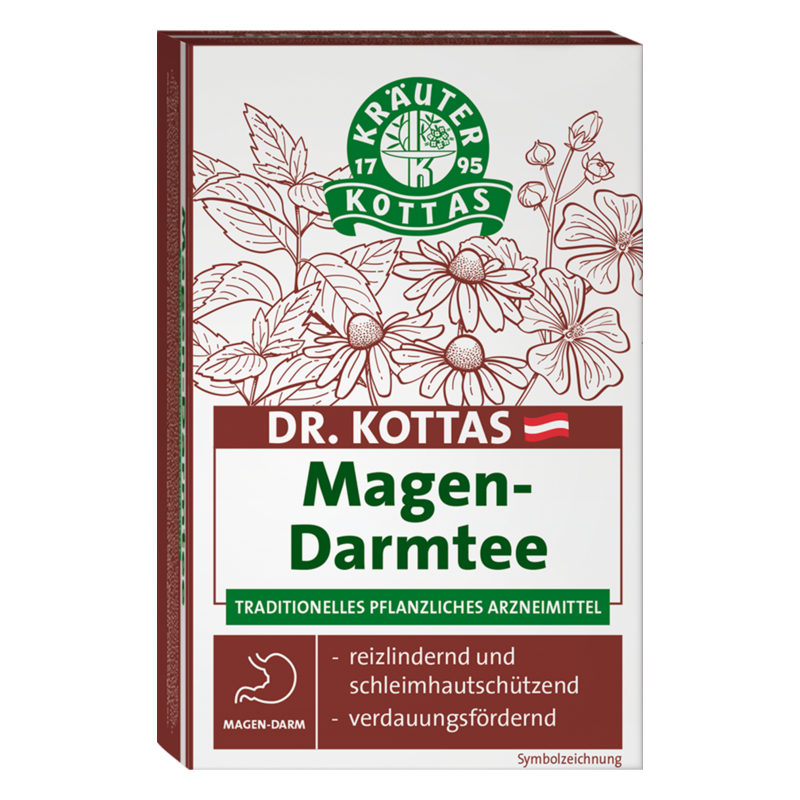 DR_KOTTAS_Magen-Darmtee_Packshot.png Verpackung von Dr. Kottas Magen-Darmtee mit Kräuterillustrationen und Informationen zu den Wirkungen.